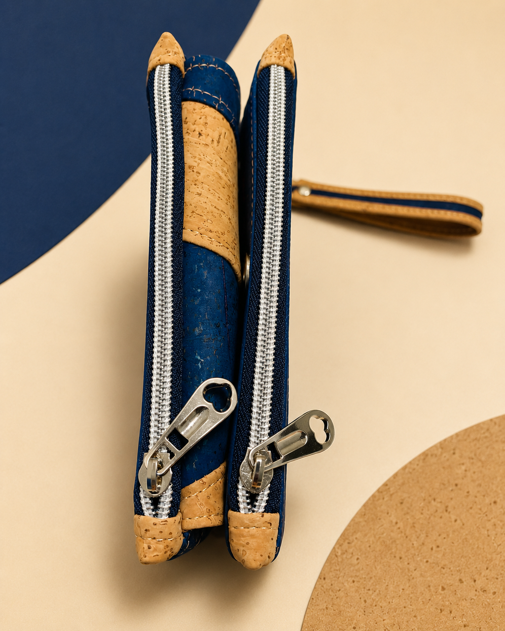 Portefeuille porte-monnaie en liège – Bleu & naturel
