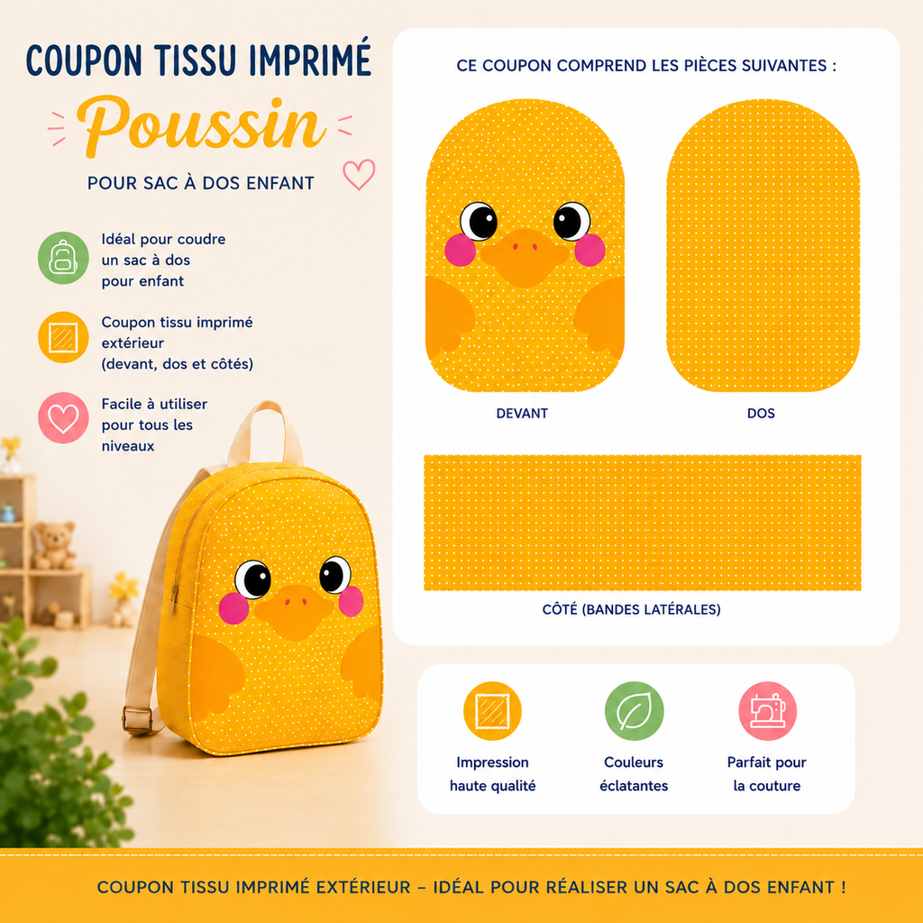 Coupon de tissu imprimé-poussin - Pour sac a dos enfant