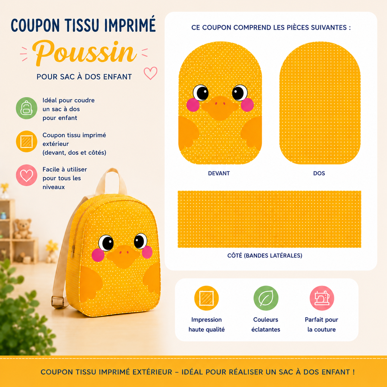Coupon de tissu imprimé-poussin - Pour sac a dos enfant