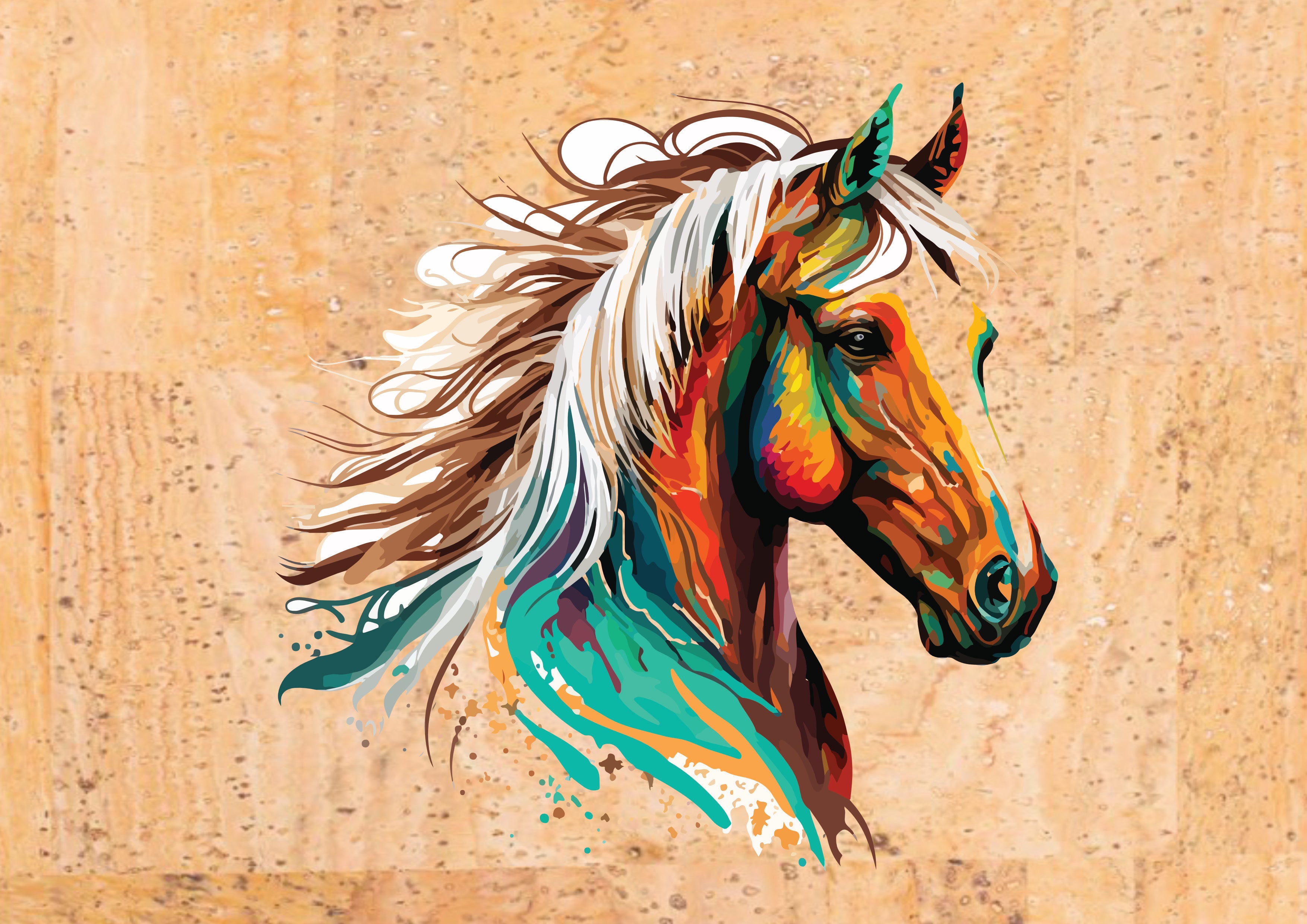 Panneau en liège naturel - Tête de cheval colorée