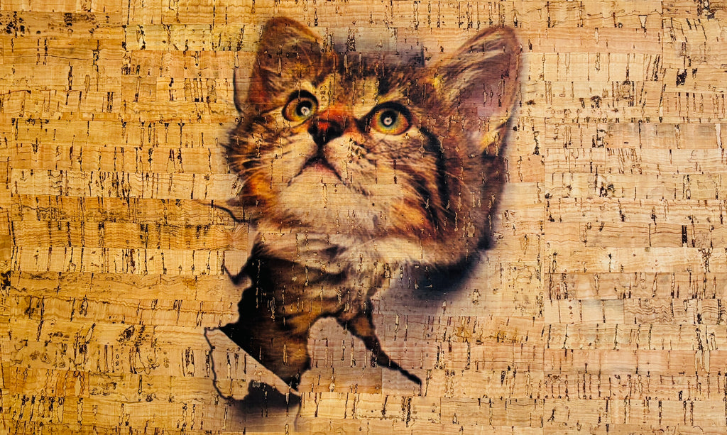 Panneau en liège naturel rustique – Chat – 35 × 20 cm