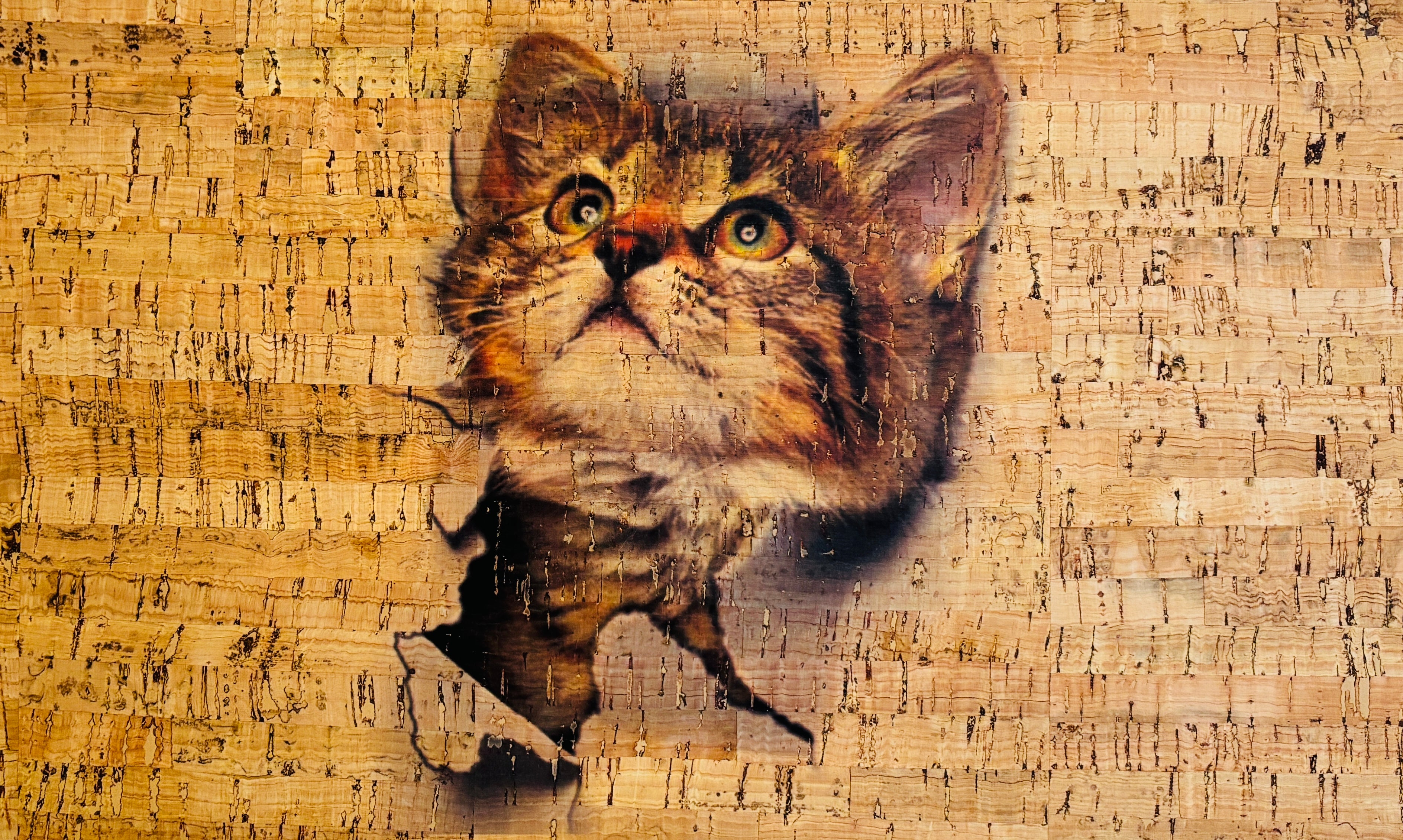Panneau en liège naturel rustique – Chat – 35 × 20 cm
