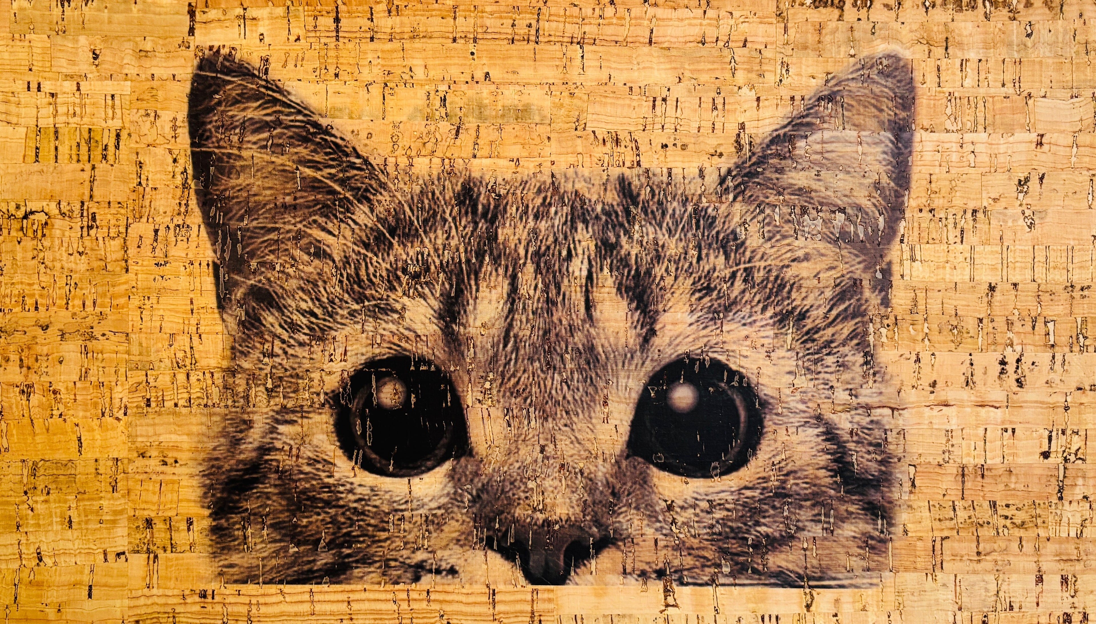 Panneau en liège naturel rustique – Motif chat curieux