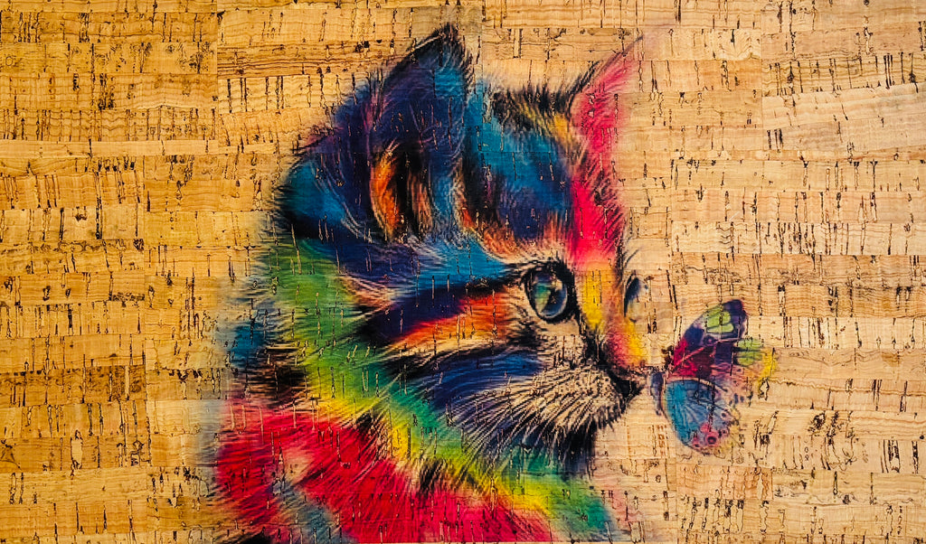 Panneau en liège naturel rustique – Motif chat multicolore et papillon 🐱🦋
