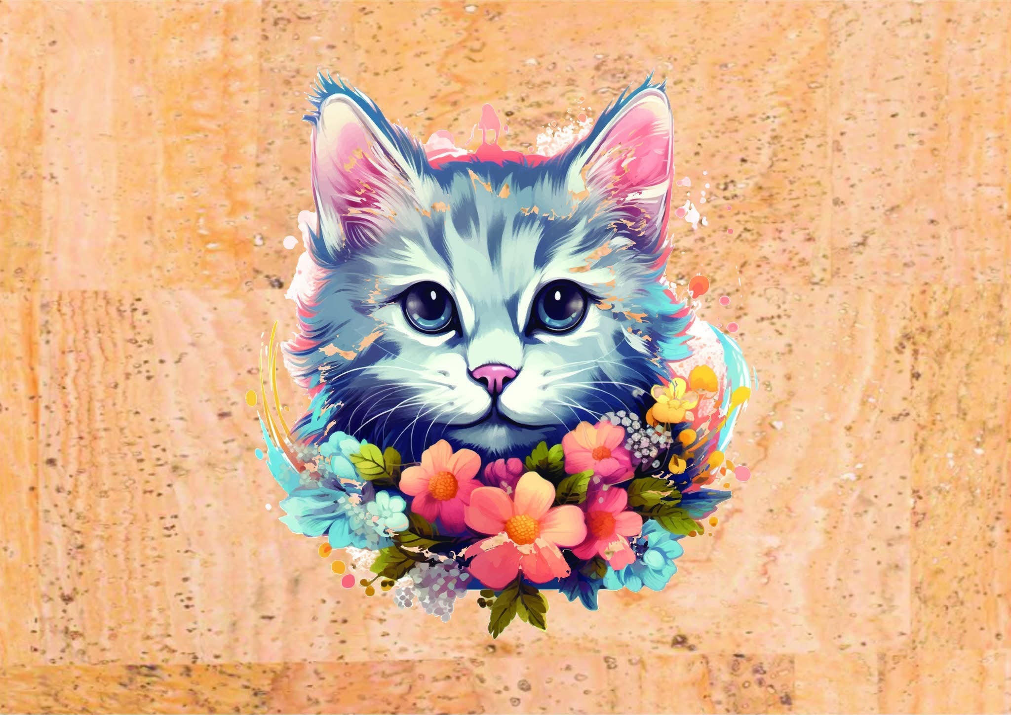Panneau en liège naturel - chat fleuri
