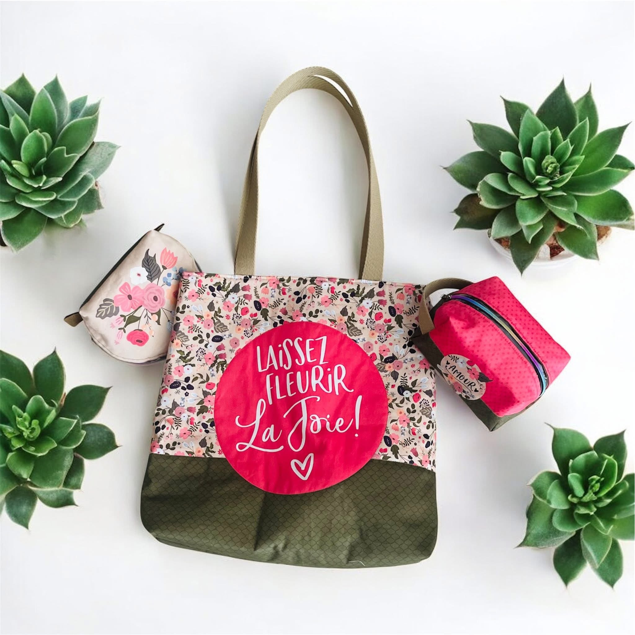 Panneau en tissu 100 % coton – Sac + 2 trousses assorties
