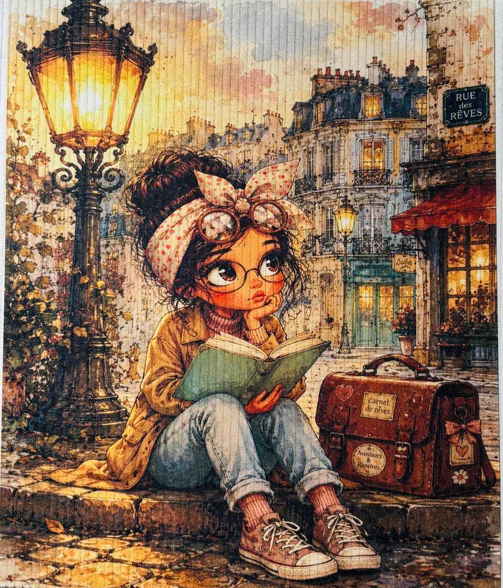 Panneau en velours côtelé – Lectrice dans la Rue des Rêves