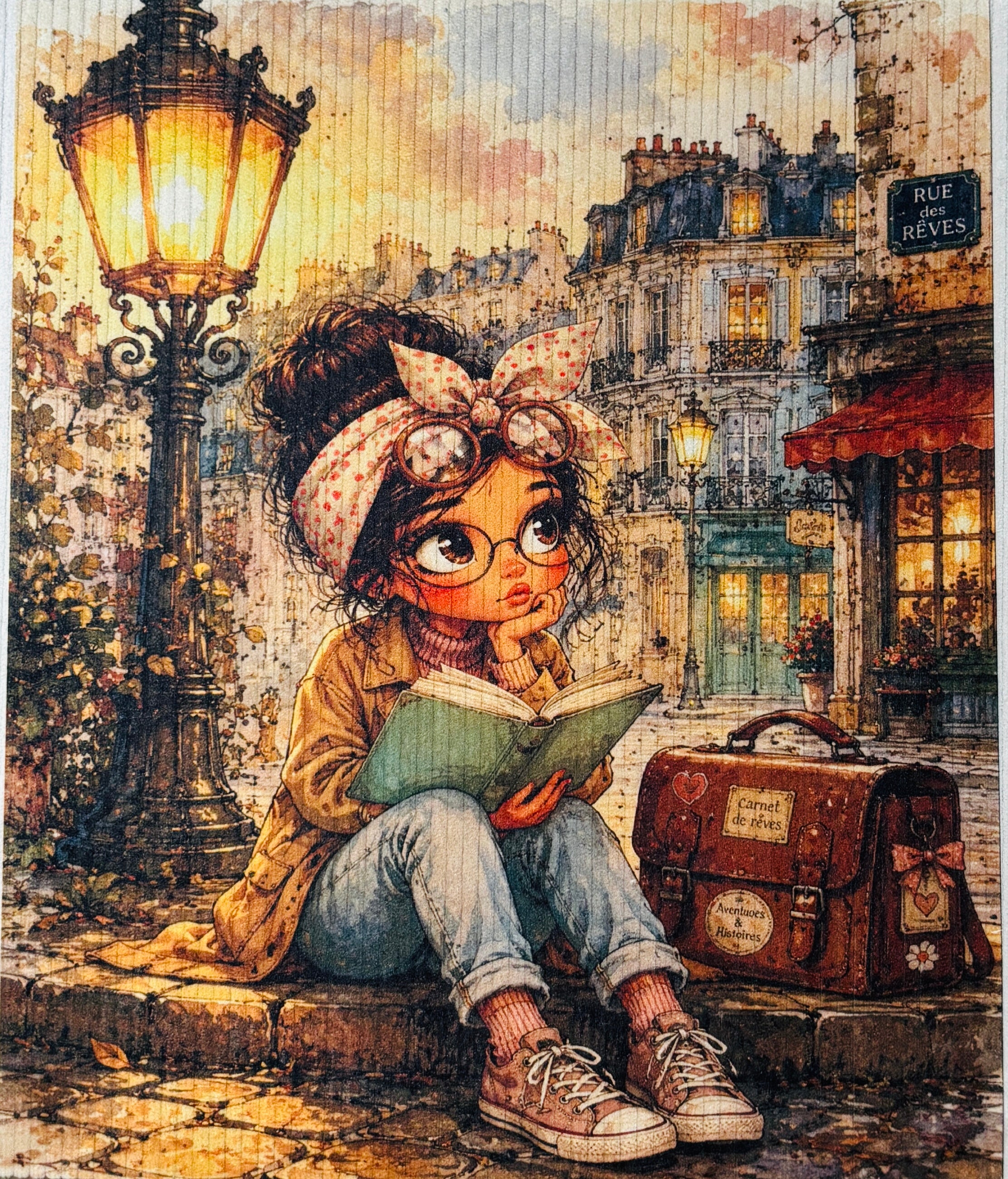 Panneau en velours côtelé – Lectrice dans la Rue des Rêves